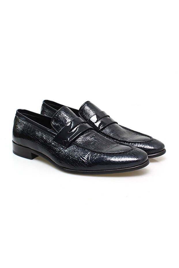 Dark Blue Color Laceless Genuine Leather Leather Sole Men's Shoes
