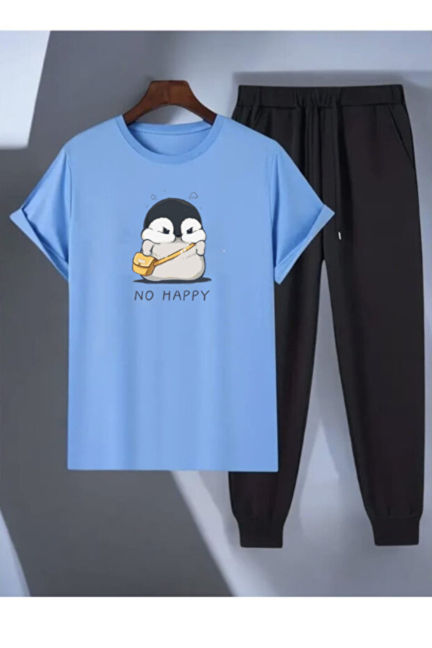 No Happy Printed T-Shirt - Jogger T-Shirt Crew Neck Bottom Top Tracksuit Set