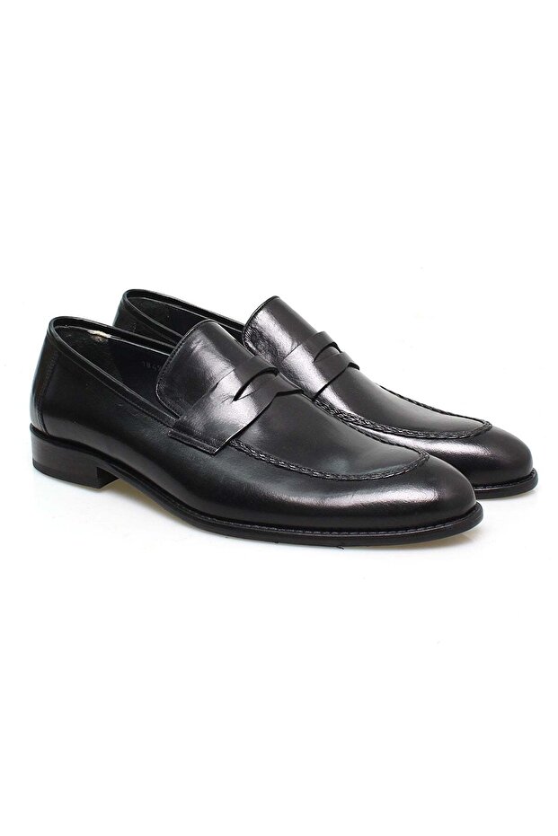 Black Color Laceless Genuine Leather Men's Shoes