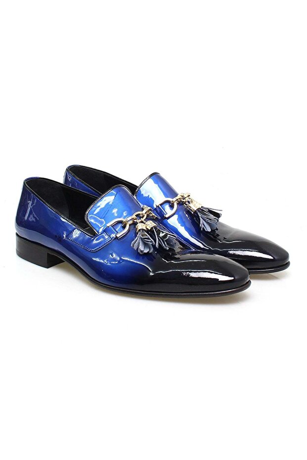 Dark Blue Color Laceless Genuine Leather Men's Shoes