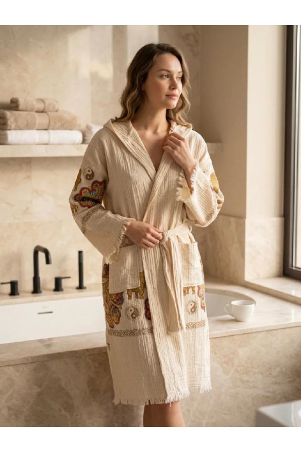 رداء حمام بغطاء للرأس من الموسلين (مطبوع بنقشة حجرية)