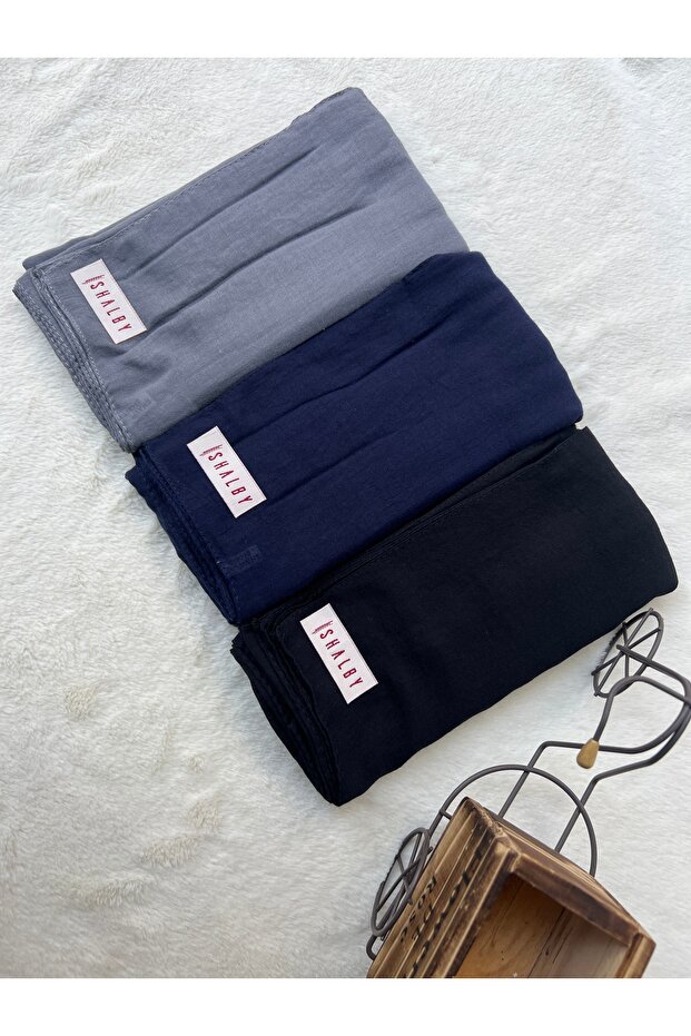 Hijab Plain Cotton Crash Shawl Set of 3 (Light Smoked - Dark Navy Blue - Black)