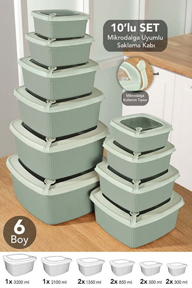 10-Piece Square Striped Microwave Lid Storage Container - Microwave Safe Organizer Food Container Green