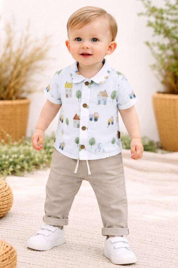 Baby Boy Linen Trousers and Shirt Set Summer Stylish Cotton 2-Piece Baby Combination Beige