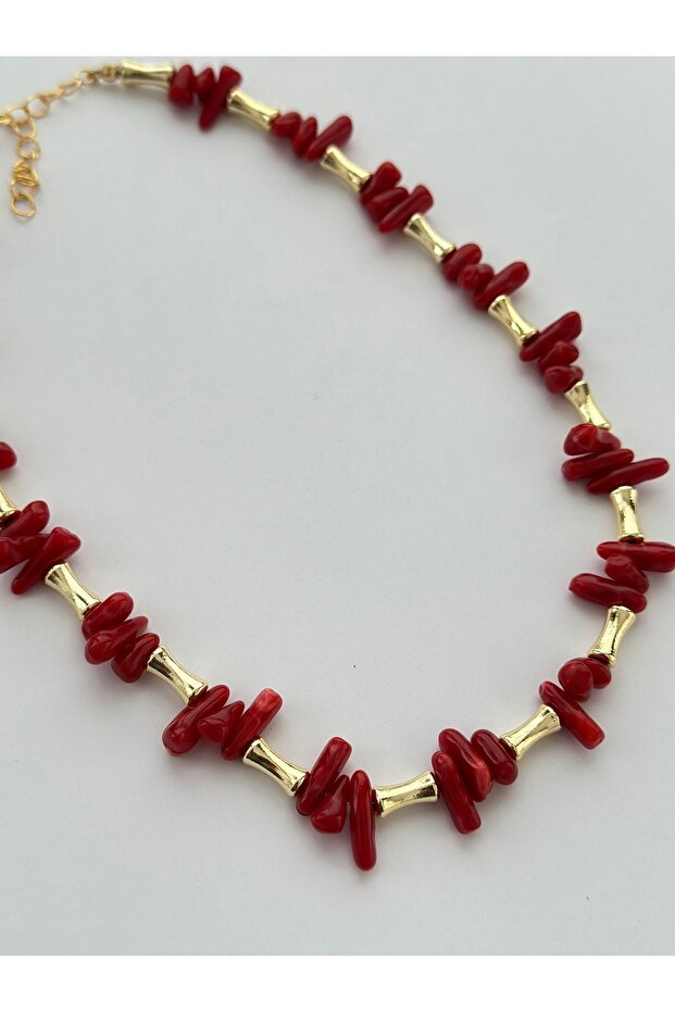 Gold Tube and Coral Bead Necklace
