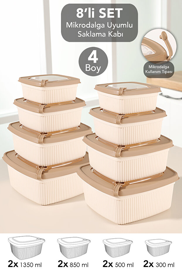 8-Piece Square Striped Microwave Lid Storage Container - Microwave Safe Organizer Food Container Beige