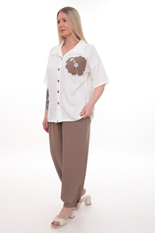 Embroidery Detailed Sofia Linen Shirt and Cupra Tencel Trousers Plus Size Top and Bottom Set