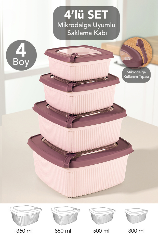 4-Piece Square Striped Microwave Lid Storage Container - Microwave Safe Organizer Food Container Pink