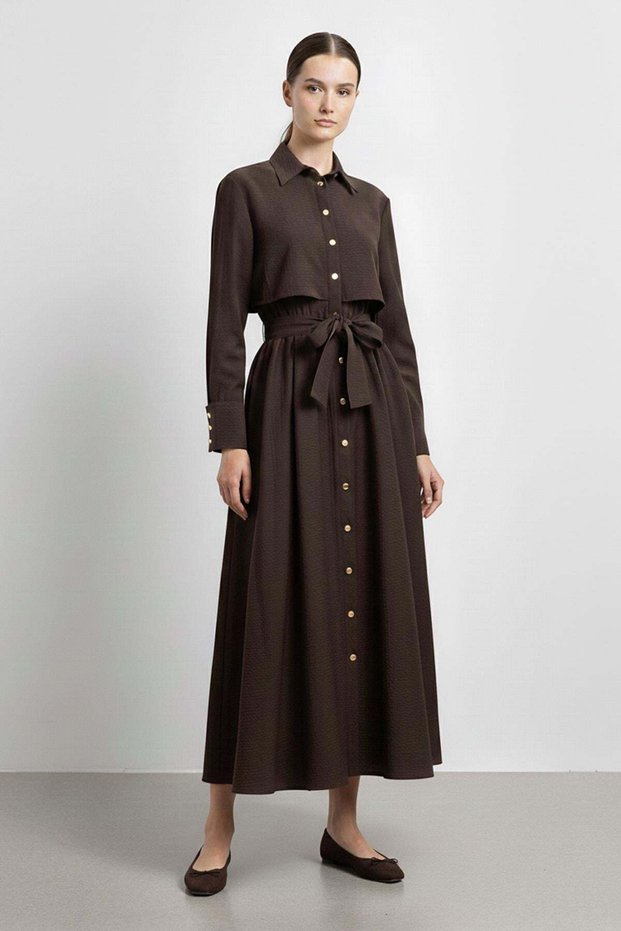 Women's Shirt Collar Buttoned Waist Tie Long Dress Brown 32454