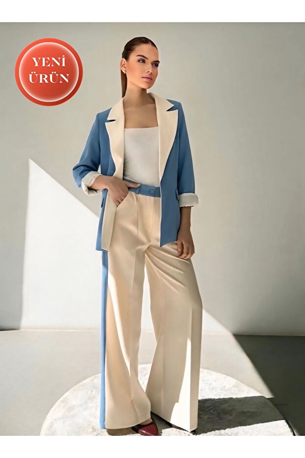 Contrast Color Garnished Blazer Jacket Palazzo Trousers Cream - Pastel Blue Women's Set