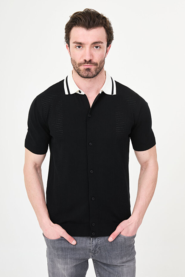 Plain Slim Fit Polo Collar Buttoned Short Sleeve Men's Knitwear T-Shirt Black - 11248.26Y