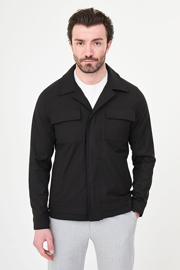 Straight Slim Fit Shirt Collar Hidden Button Men's Coat Black - 39667.26Y