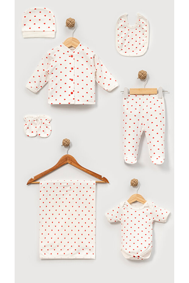Neu Ki̇ds- Reported Heart Printed 7-Piece Hospital Release Newborn Set