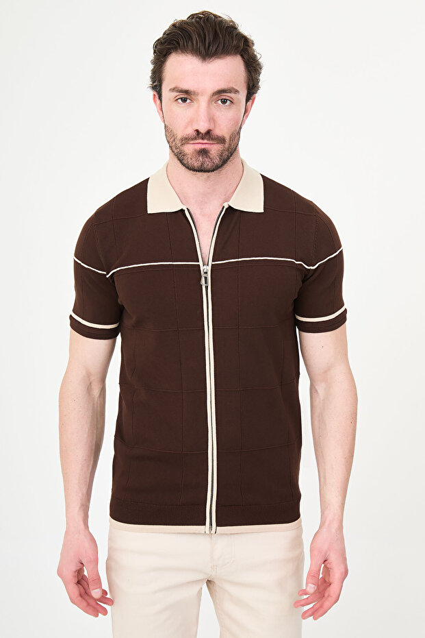 Plain Slim Fit Polo Collar Zippered Short Sleeve Men's Knitwear T-Shirt Brown - 11249.26Y