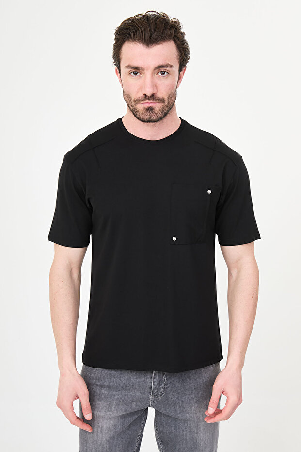 Plain Slim Fit Crew Neck Pocketed Bi-Stretch Interlock Men's T-Shirt Black - 36876.26Y