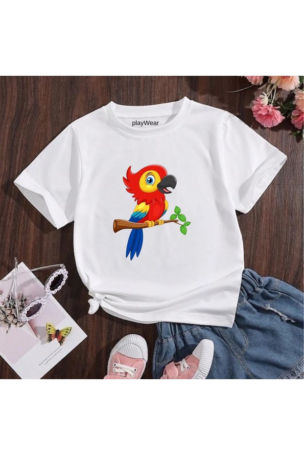 Cartoon Figure Parrot Printed 100% Kids Unisex T-Shirt 5 6 -7 8-9 10 -11 12 Years Old