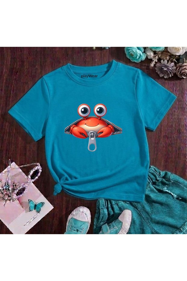 Crab Zipper Printed 100% Kids Unisex T-Shirt 5 6 -7 8-9 10 -11 12 Years Old