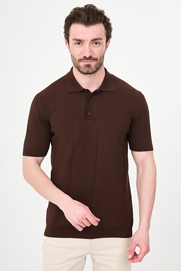 Patterned Slim Fit Polo Collar Men's Knitwear T-Shirt Brown - 11587.26Y