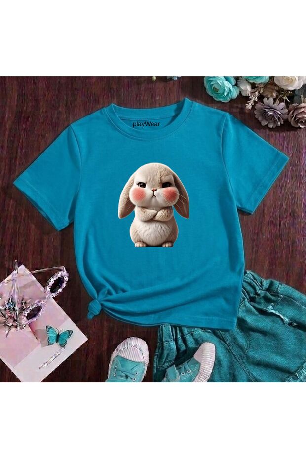 Pink Cheek Rabbit Printed 100% Kids Unisex T-Shirt 5 6 -7 8-9 10 -11 12 Years Old