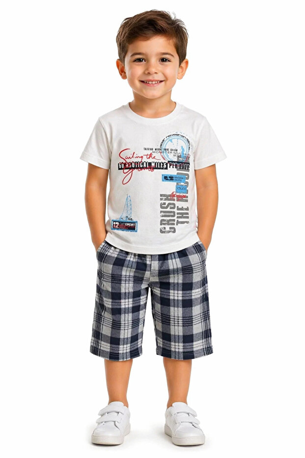Boy's Crush Text Patterned T-Shirt White Color Shorts Set