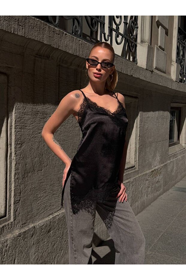 Women's Lace Detailed Strappy Satin Blouse