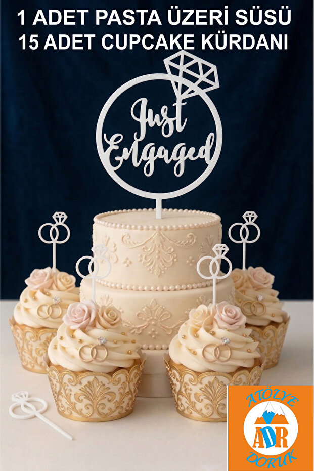 Engagement Cake Decoration Set - Just Engaged Figure Inside the Ring Cake Decor - White Promise Engagement Table Decoration