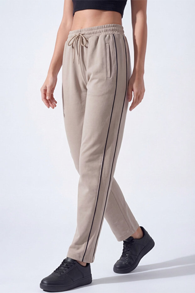 Women's Stone Combed Cotton Ribbed Pocket Zipper Flat Leg Sweatpants