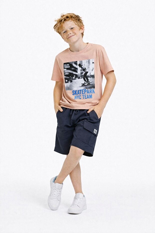 New Season Boys' Skateboard Text Printed T-Shirt Shorts Set for Ages 6-14