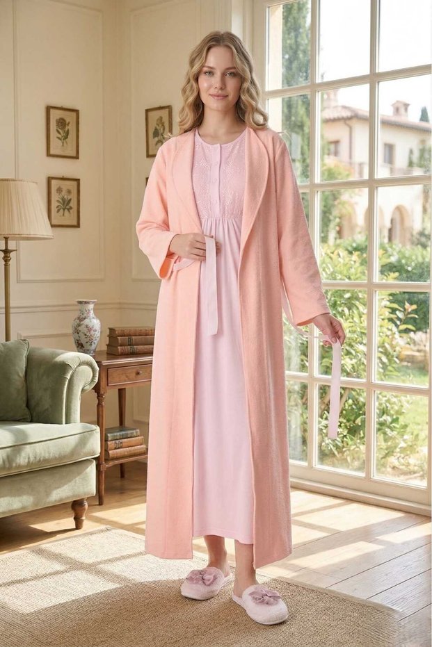 New Season Shawl Collar Lace Detailed Summer Full Length Special Design Cotton Maternity Dressing Gown Nightgown Set