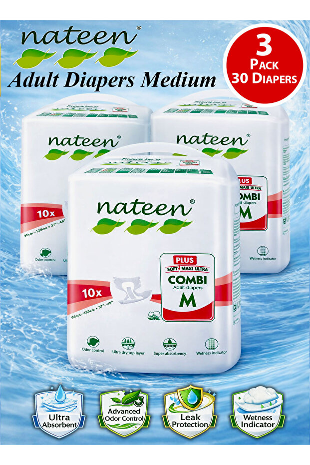 30 Count 3 Pack Combi Plus Adult Diapers Medium Incontinence Disposable for Men & Women