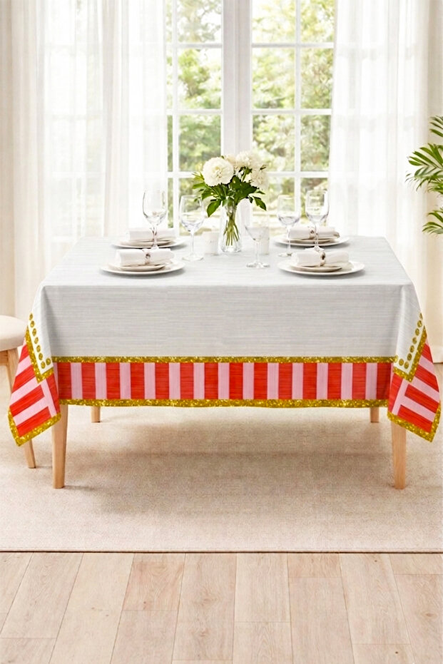 Soft Textured Printed Love Pink Striped Rectangular Kitchen Living Room Garden Balcony Tablecloth