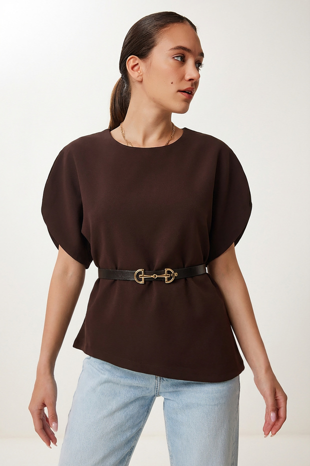 Belted Asymmetrical Woven Blouse Lzh0025 Brown