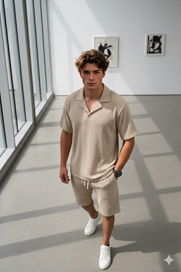 Men's Beige Wrinkled Apaj Collar T-Shirt Shorts Set
