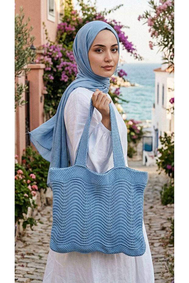 Wave Patterned Knitted Summer Bag Baby Blue