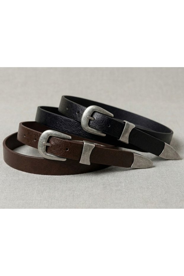 2-Piece Genuine Leather Women's Belt 2cm Wide with Antique Silver Buckle, Bridge and End Detail