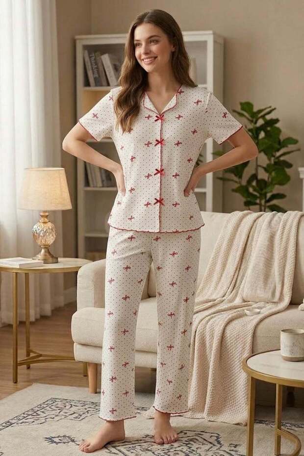 Bow and Polka Dot Patterned V-Neck Pajama Set - 1