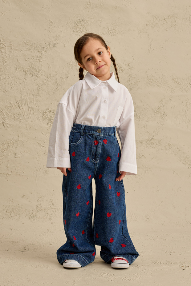 Heart Embroidered Straight Denim Trousers Navy Blue