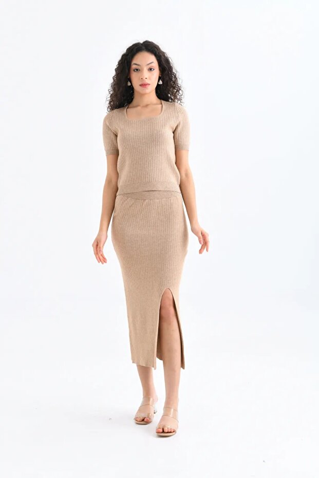 10168 Premium Yarn Blouse Long Slit Skirt Camisole Bottom Top Knitwear Set
