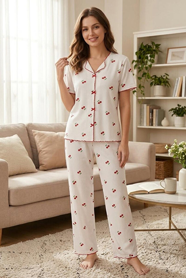 Cherry Patterned V-Neck Pajama Set - 2