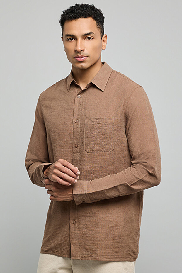 Textured Shirt with Classic Collar and Long Sleeves