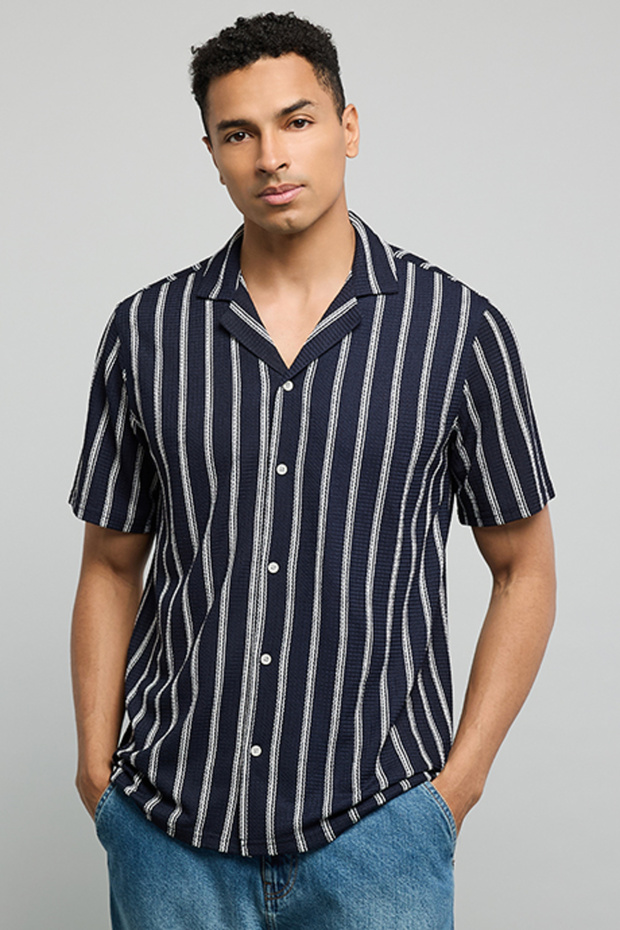Striped Shirt with Reverse Collar and Short Sleeves
