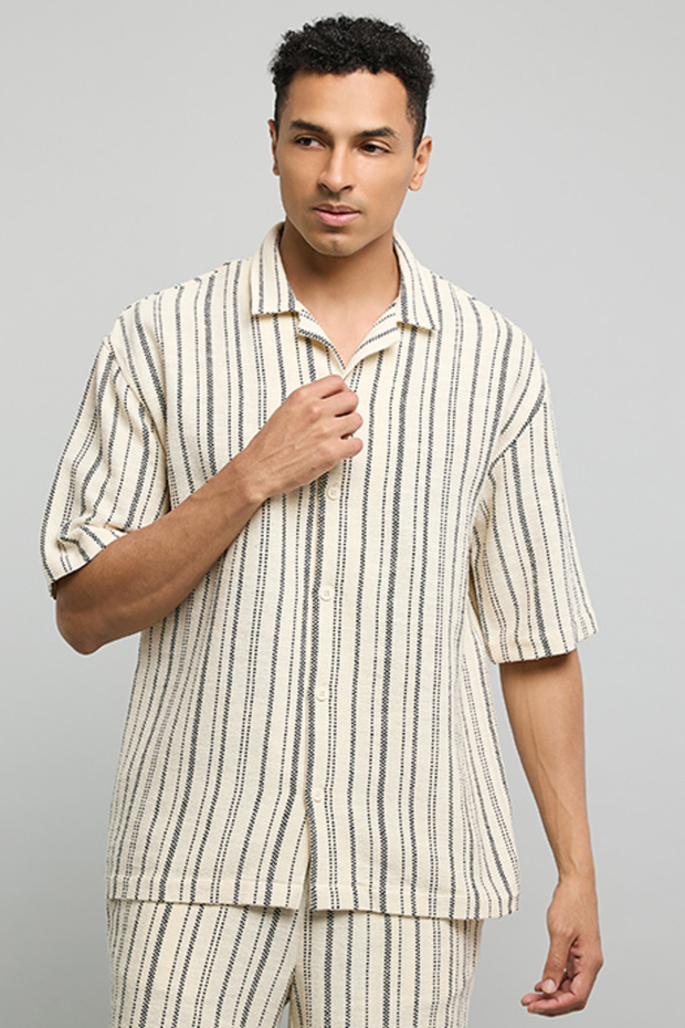 Striped Shirt with Reverse Collar and Short Sleeves