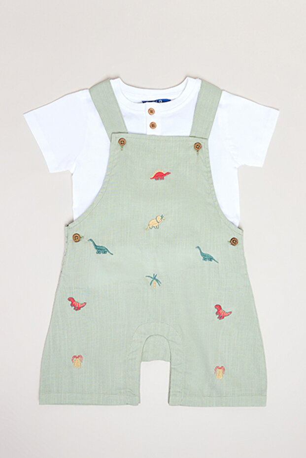 Solid T-Shirt and Embroidered Dungaree Set