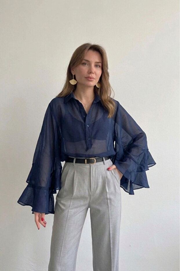 Navy Blue Transparent Ruffle Detailed Batwing Blouse - 5031