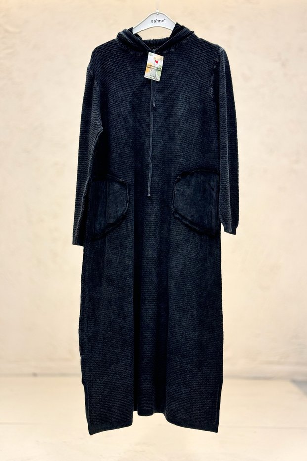 Self-Patterned Hooded Organic Cotton Dress with Pockets