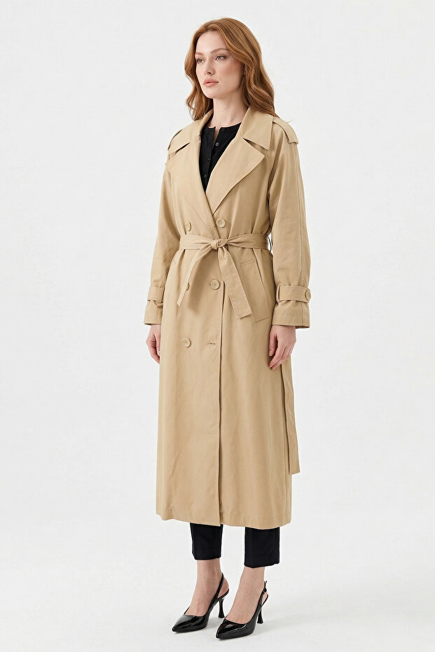 Alleri Button Detailed Double-Breasted Cotton Trench Coat 844 Honey Foam