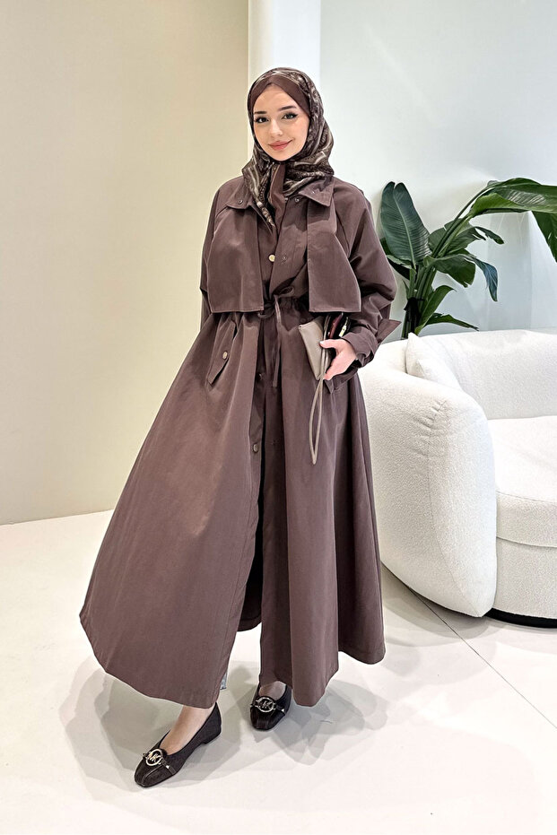 Lyon Drawstring Waist Trench Coat - Brown