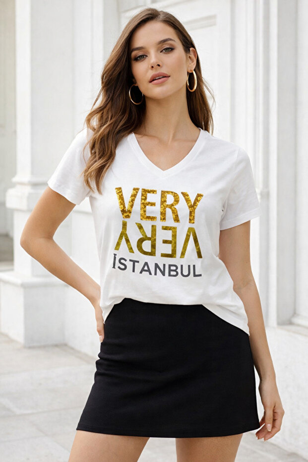 Women's White 100% Cotton Sequined Printed V-Neck Short Sleeve T-Shirt