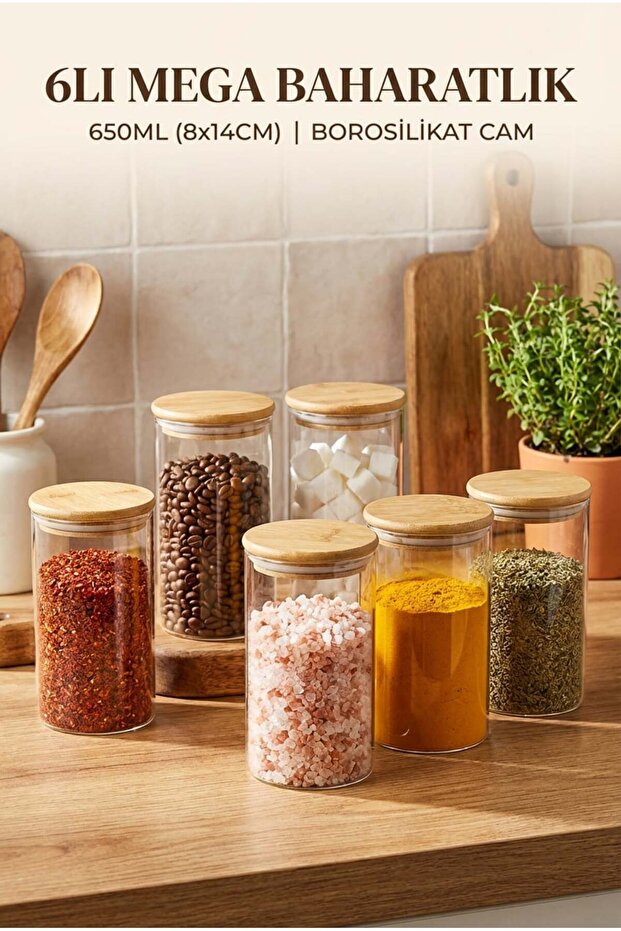 6-Piece Vacuum Glass Spice Jar Set with Bamboo Lids 650 ml - 8X14 cm Mega Size Storage Container Set