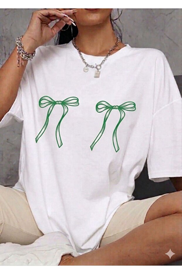 Women's Colorful Ribbon Patterned Printed White T-Shirt